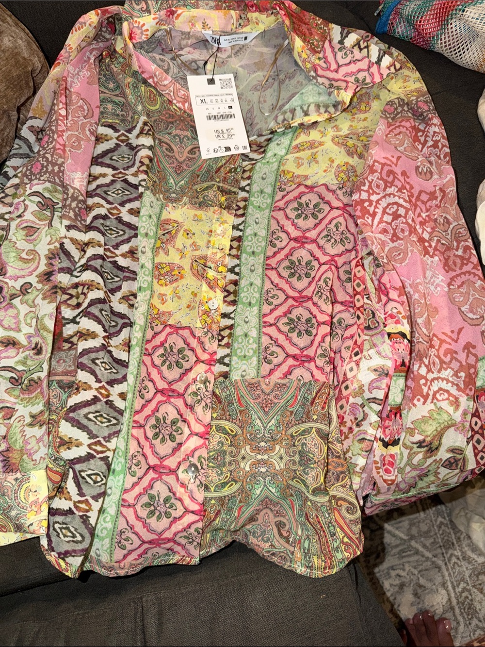 Women's Printed Patchwork Button-Up Shirt - Multi Pink